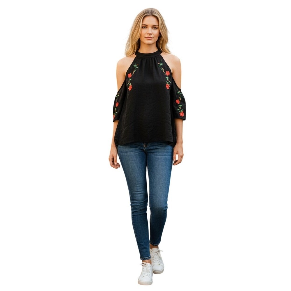 Lumiere Black Floral Embroidered Cold Shoulder High Neck Blouse Women's Medium